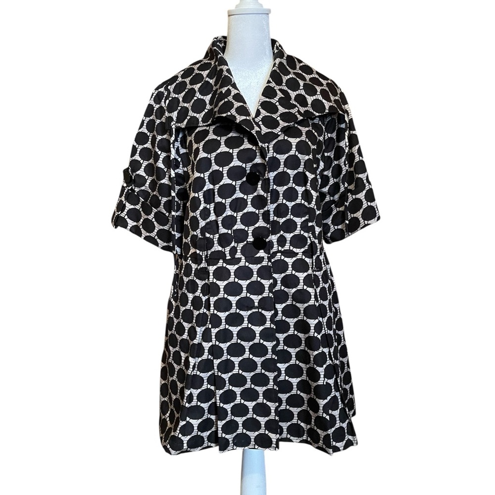 F21 Elegant Black and White/Cream/Beige Polka Dot Coat Size L
